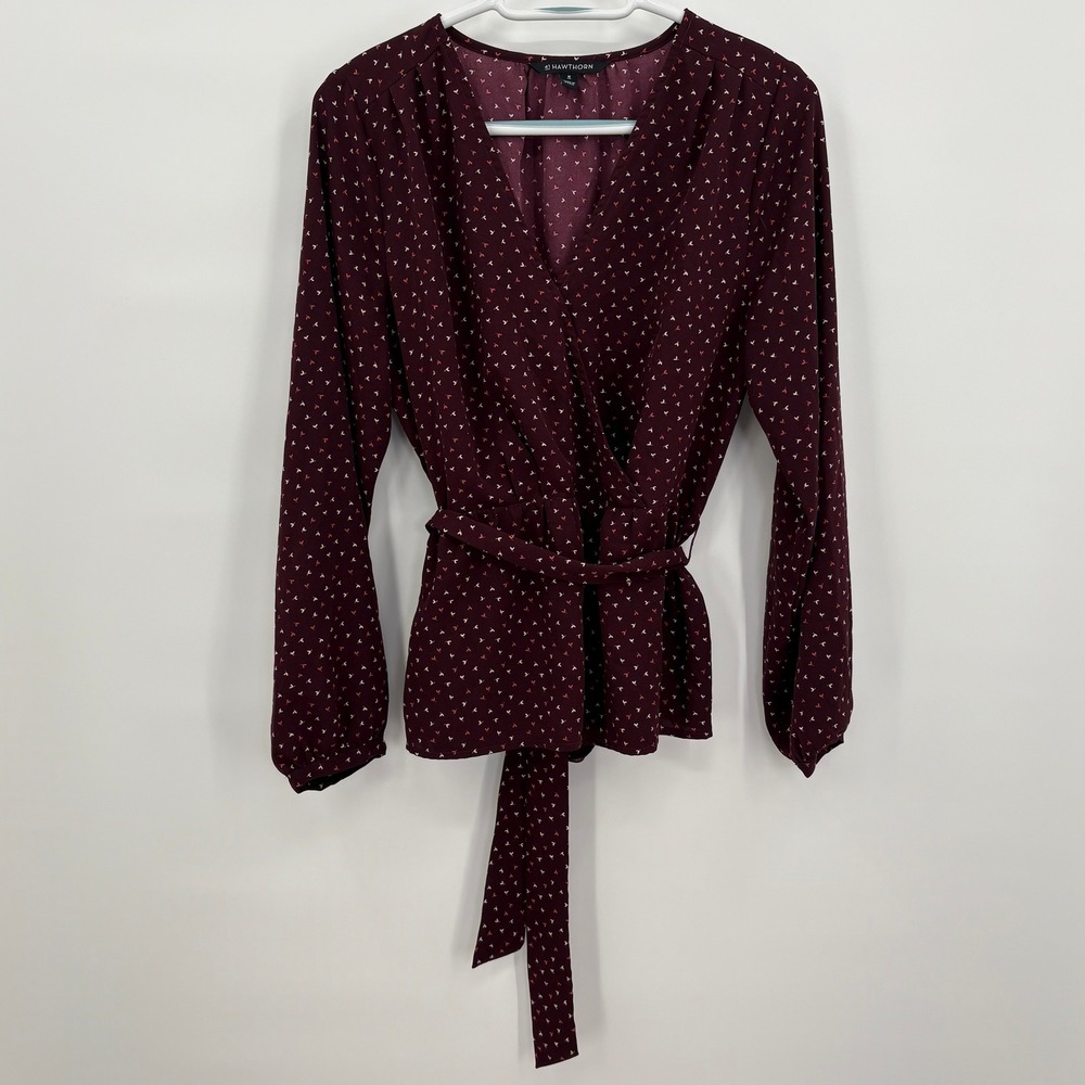 41 Hawthorn Burgundy Wrap Blouse Long Sleeve Tie Waist‎ Hearts Womens M Office